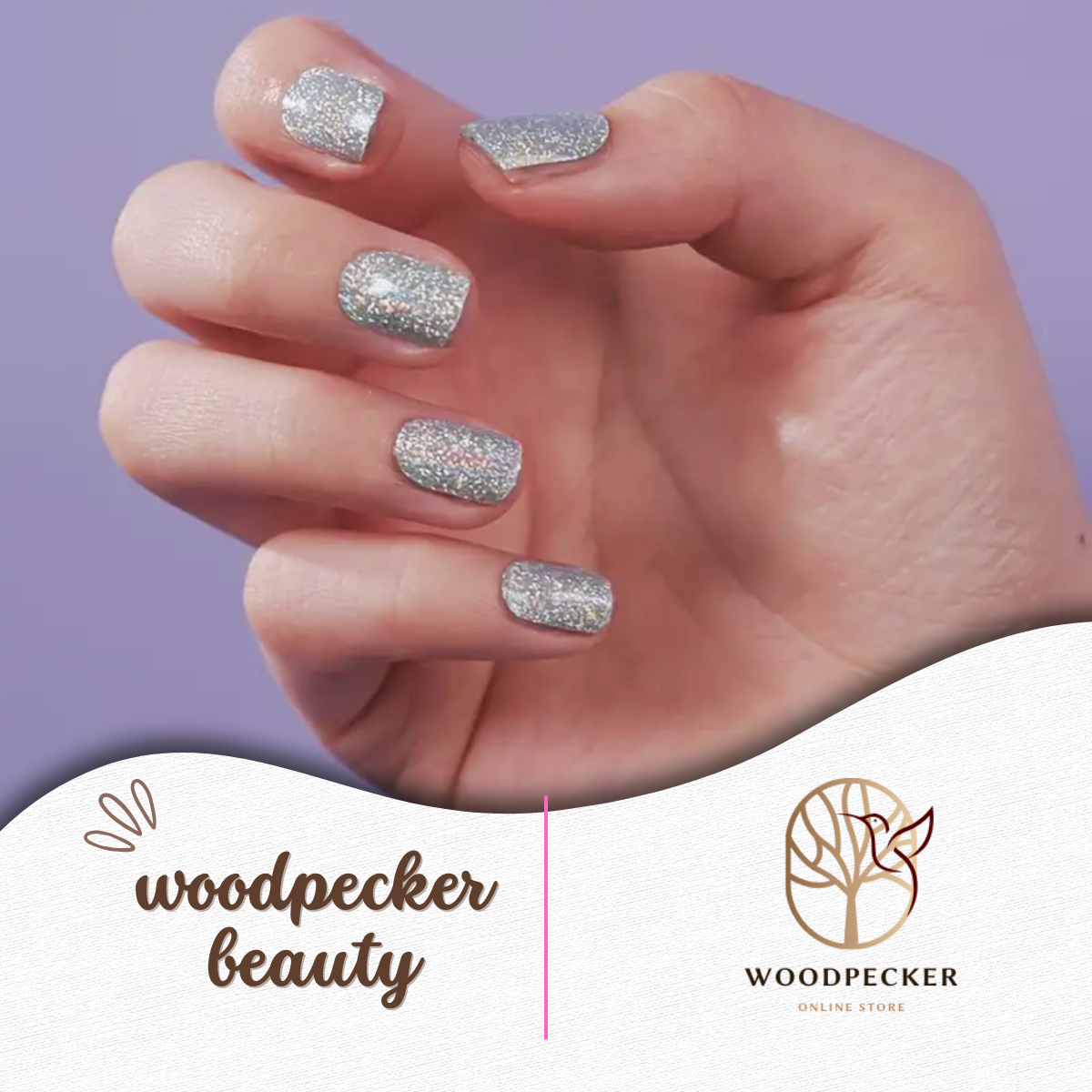 Bold silver glitter gel nail wraps with a party-ready finish from Woodpecker Beauty