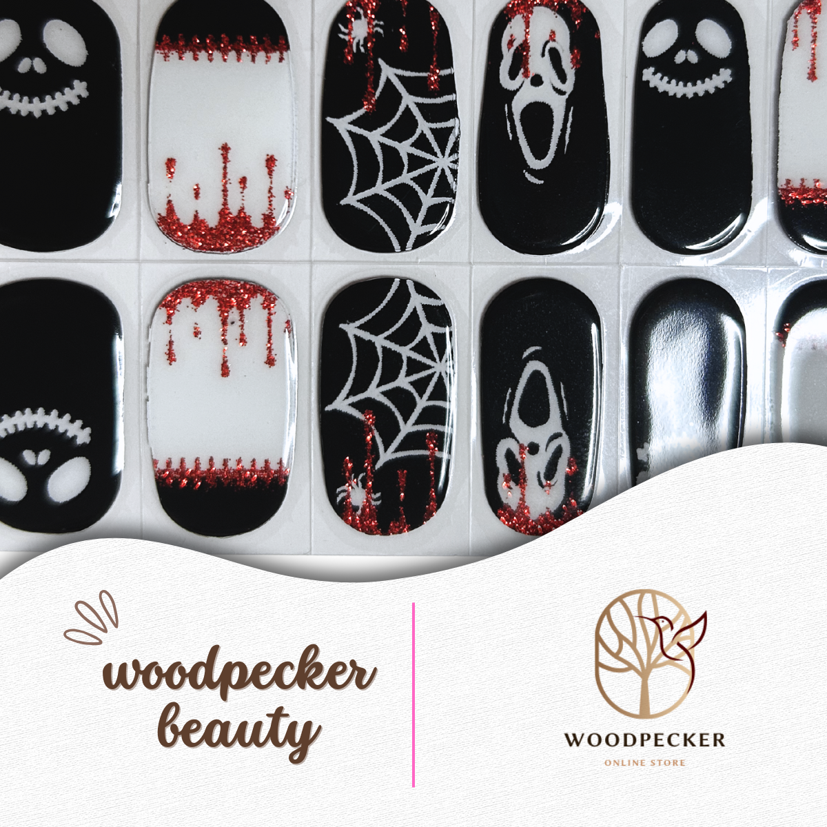 Black and white semi-cured gel nail wraps with horror mix patterns like skulls, claw marks, stitches, and creepy smiles, UV lamp required