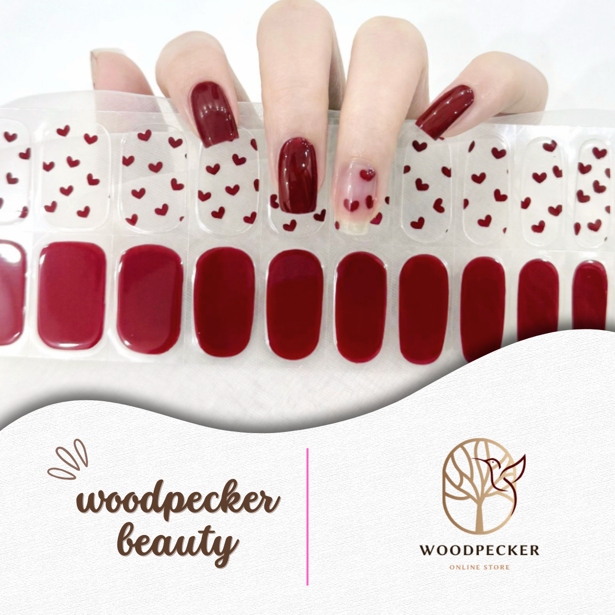Deep red and clear nail stickers with small red hearts – romantic Valentine’s Day nail wraps by Woodpecker Beauty