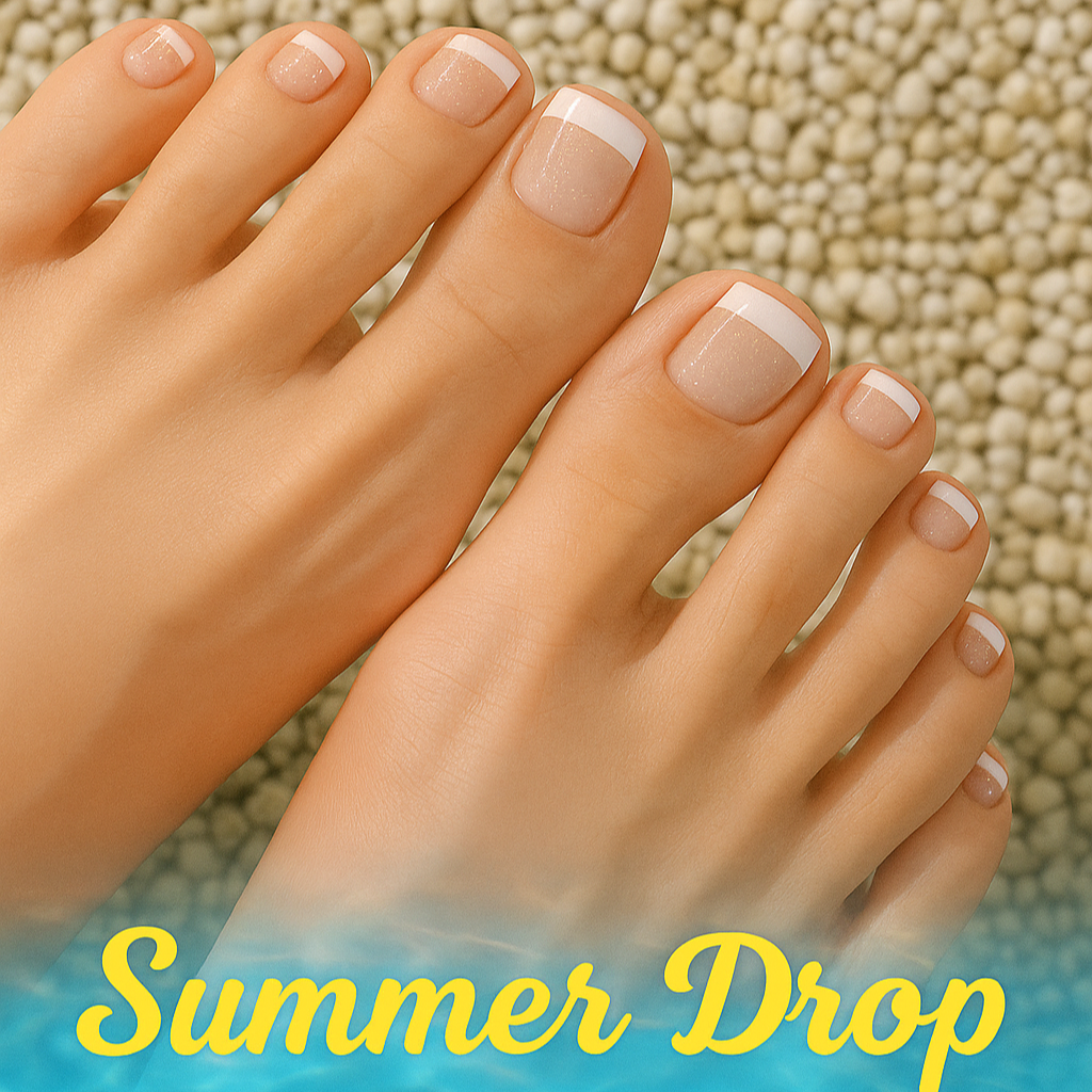 Feet with white nail polish on a pool floor with 'Summer Drop Shop Now' text.