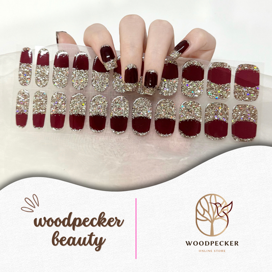 Woodpecker|Burgundy & Gold Glitter French Nail Woodpecker Beauty