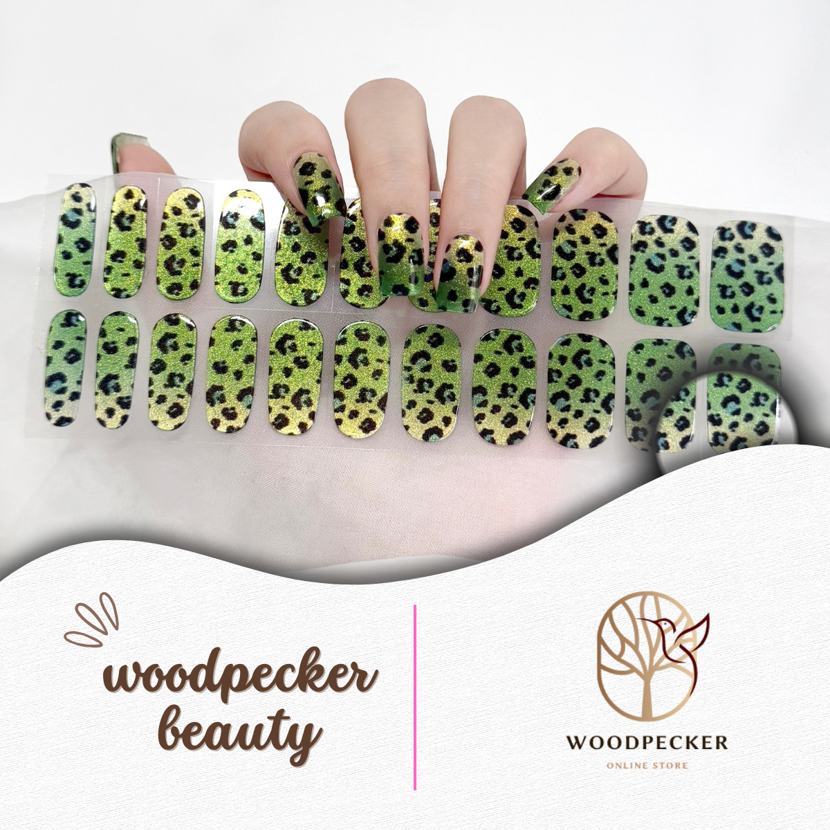 Woodpecker | Green Glam Nail Stickers Glitter Leopard Woodpecker Beauty