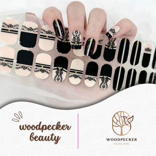 Woodpecker | Vintage Lace Nail Stickers Classic Black and Nude