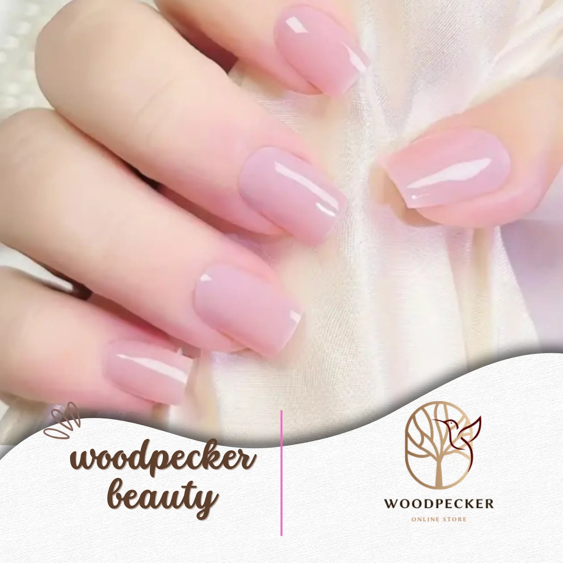  Glossy baby pink gel nail stickers on hand with silky fabric background – Woodpecker Beauty
