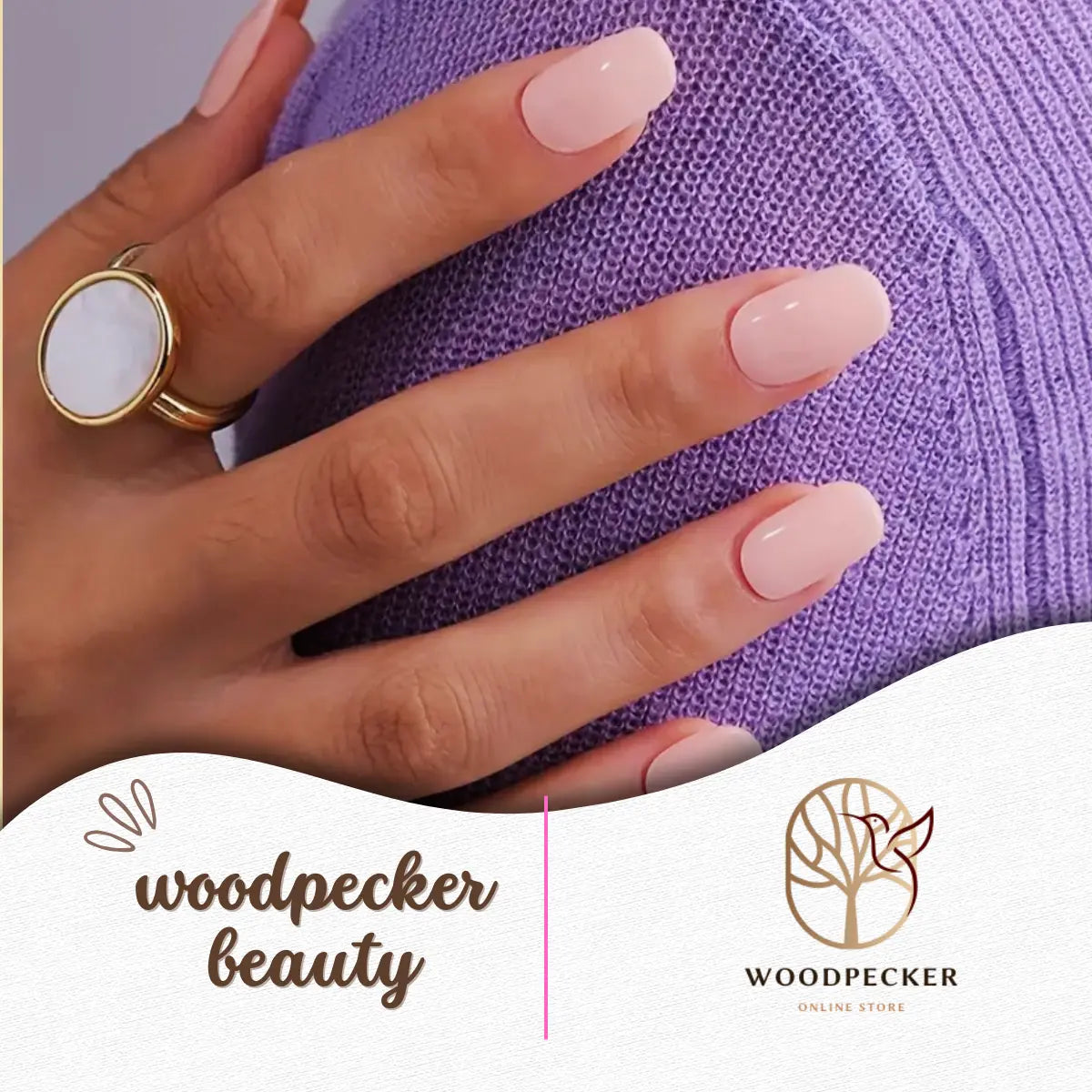  Soft baby pink nails styled with rings and purple sweater background – Woodpecker Beauty