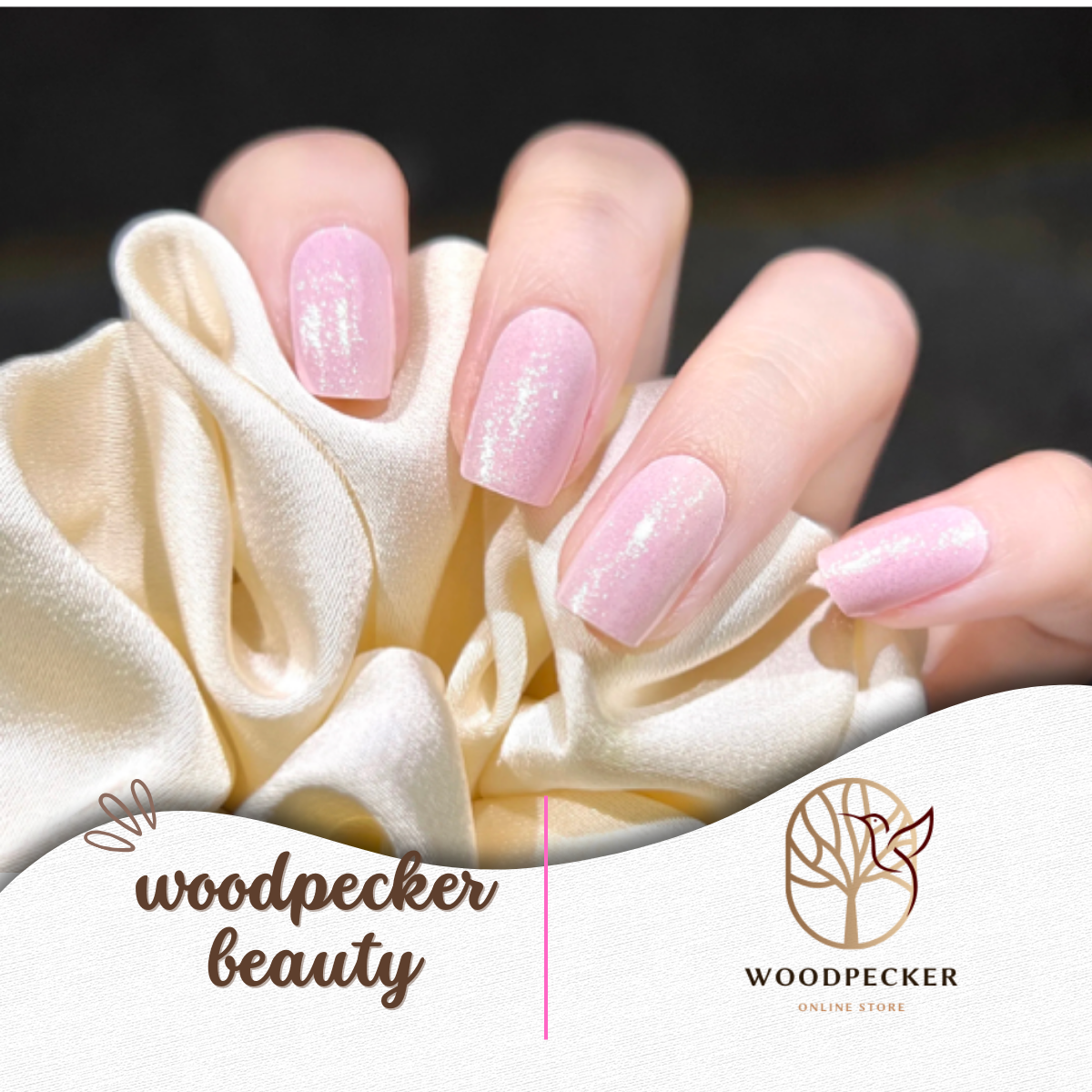 Soft pink semi-cured gel nail stickers with delicate shimmer from Woodpecker Beauty

