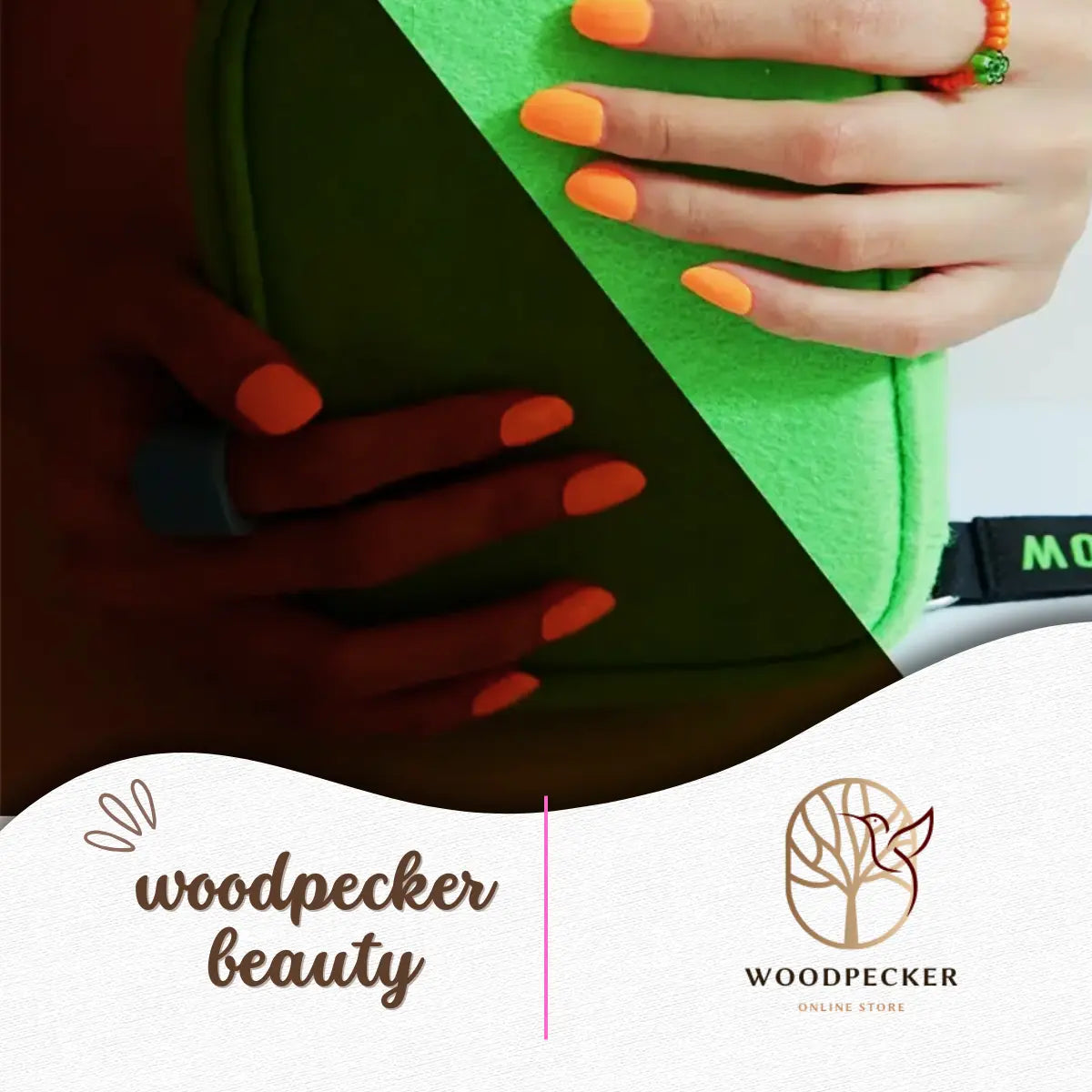 Bold orange gel nail wraps shown against a green bag background – Woodpecker Beauty