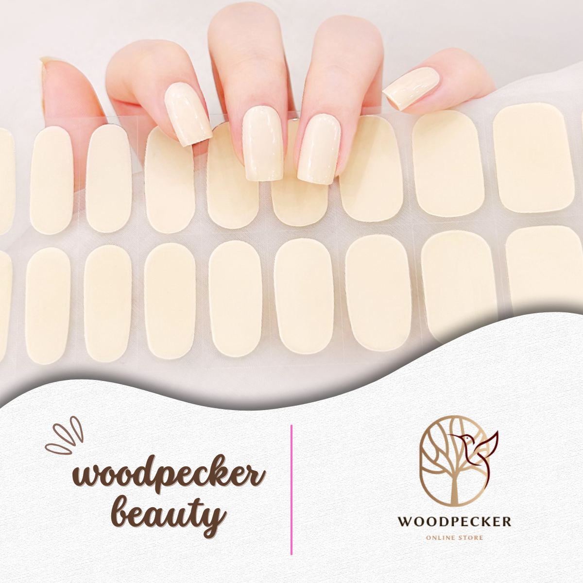 Glossy cream white solid-color gel nail stickers with a clean minimalist finish from Woodpecker Beauty
