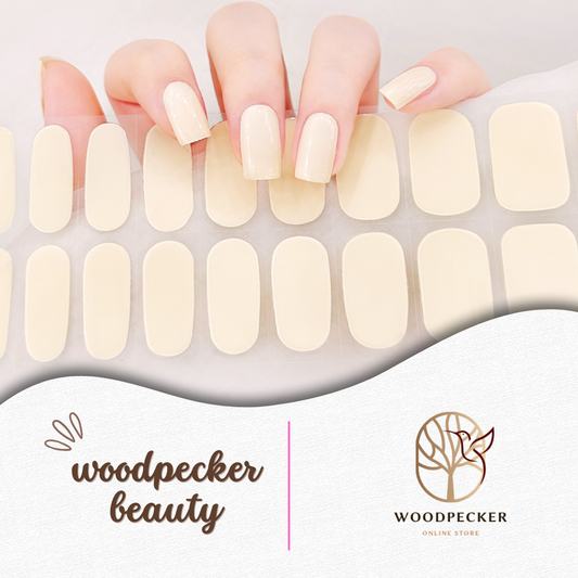 Glossy cream white solid-color gel nail stickers with a clean minimalist finish from Woodpecker Beauty

