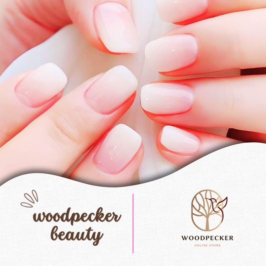 Close-up of pink and white ombre gel nail stickers – Woodpecker Beauty