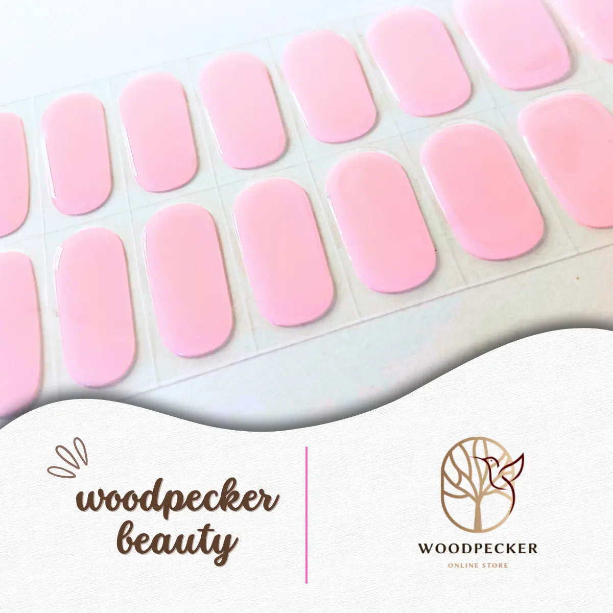 A full set of baby pink gel nail stickers in semi-cured format – Woodpecker Beauty