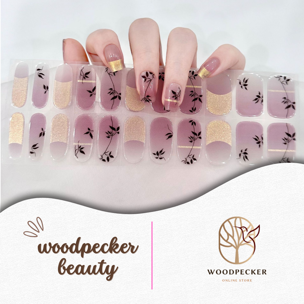 Mauve gradient semi-cured gel nail stickers with black floral branches and gold accents from Woodpecker Beauty
