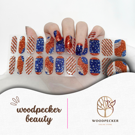 shimmering red-white-blue set.
These UV gel nail wraps cure in 60 seconds and last through every fireworks show