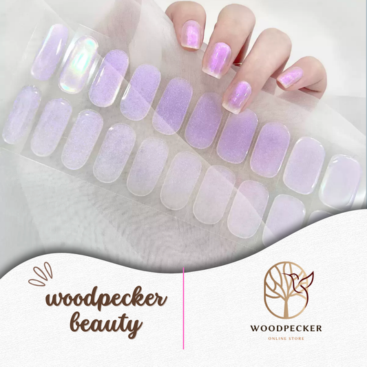 Lavender purple semi-cured gel nail stickers with a subtle iridescent sheen from Woodpecker Beauty
