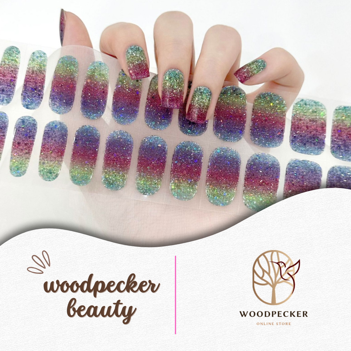 Rainbow gradient semi-cured gel nail stickers with full glitter finish from Woodpecker Beauty
