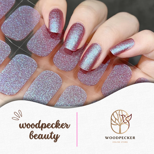 Rose plum semi-cured gel nail stickers with full holographic glitter finish from Woodpecker Beauty
