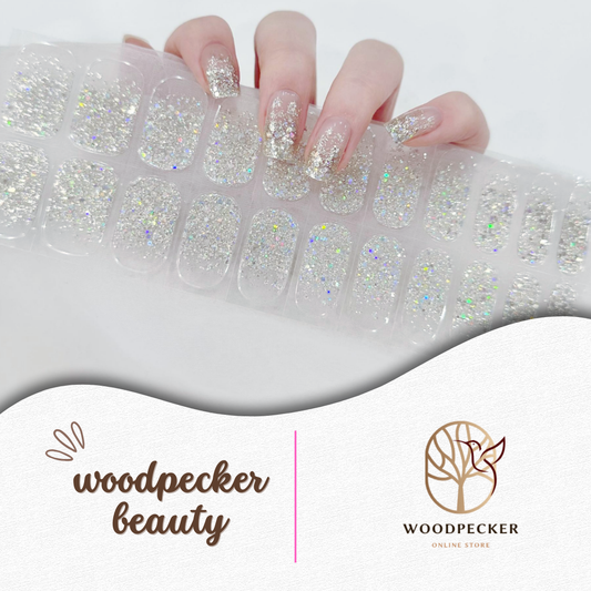  silver glitter gel nail stickers applied on nails with high sparkle shine
