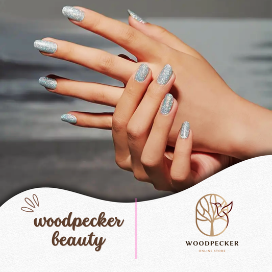 Full-coverage silver glitter semi-cured gel nail stickers with a high-shine finish from Woodpecker Beauty
