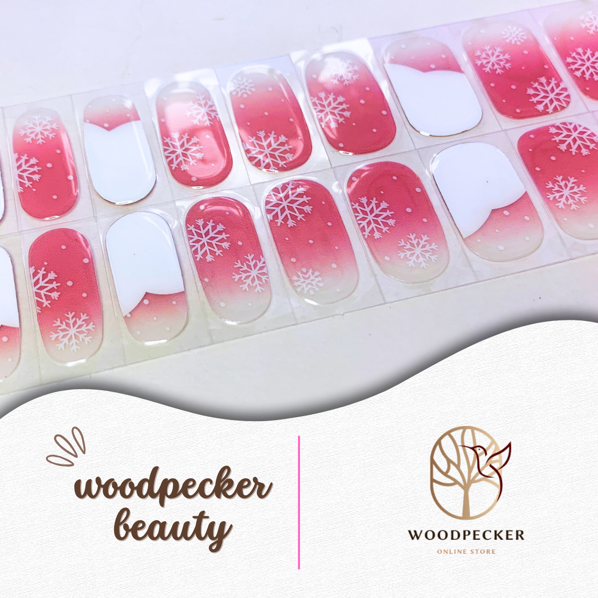 Pink-red ombré nail wraps with snowflake details and white French tip nail stickers