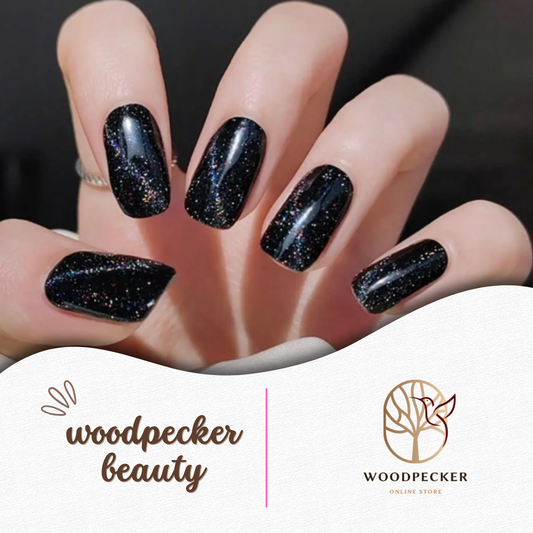 Black nail stickers with galaxy-style glitter – bold and sparkly for night out or party looks
