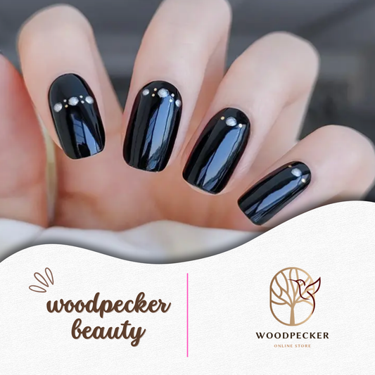 Glossy black nail stickers with minimal rhinestone details – bold, sleek, and perfect for night outs
