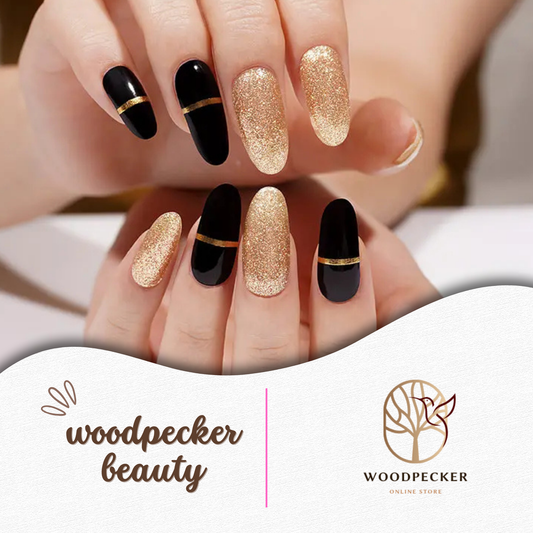 Black and gold glitter nail stickers with metallic stripe – bold and glamorous for parties or holidays

