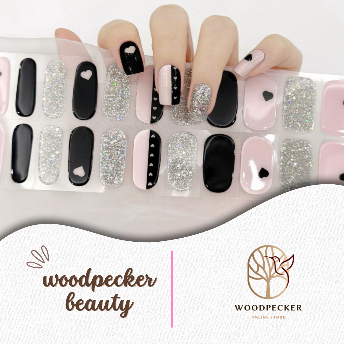 Nude nail wraps with black and pink geometric contrast – chic and bold style
