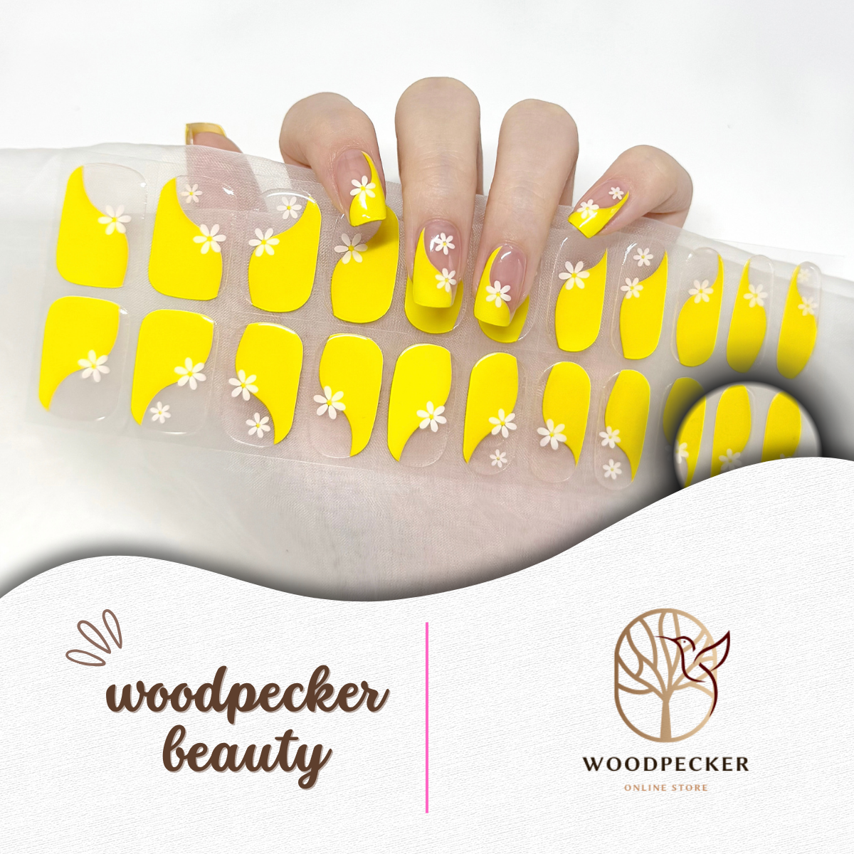 Bright yellow semi-cured gel nail stickers with white daisy flower accents, styled on real hand and full sheet.
