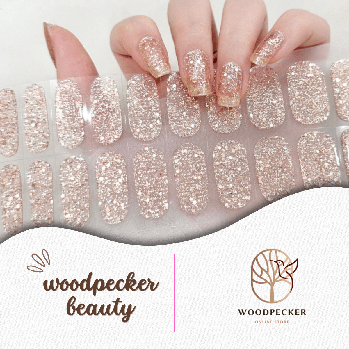 Full-coverage champagne gold glitter nail stickers for a soft, luxurious sparkle effect.
