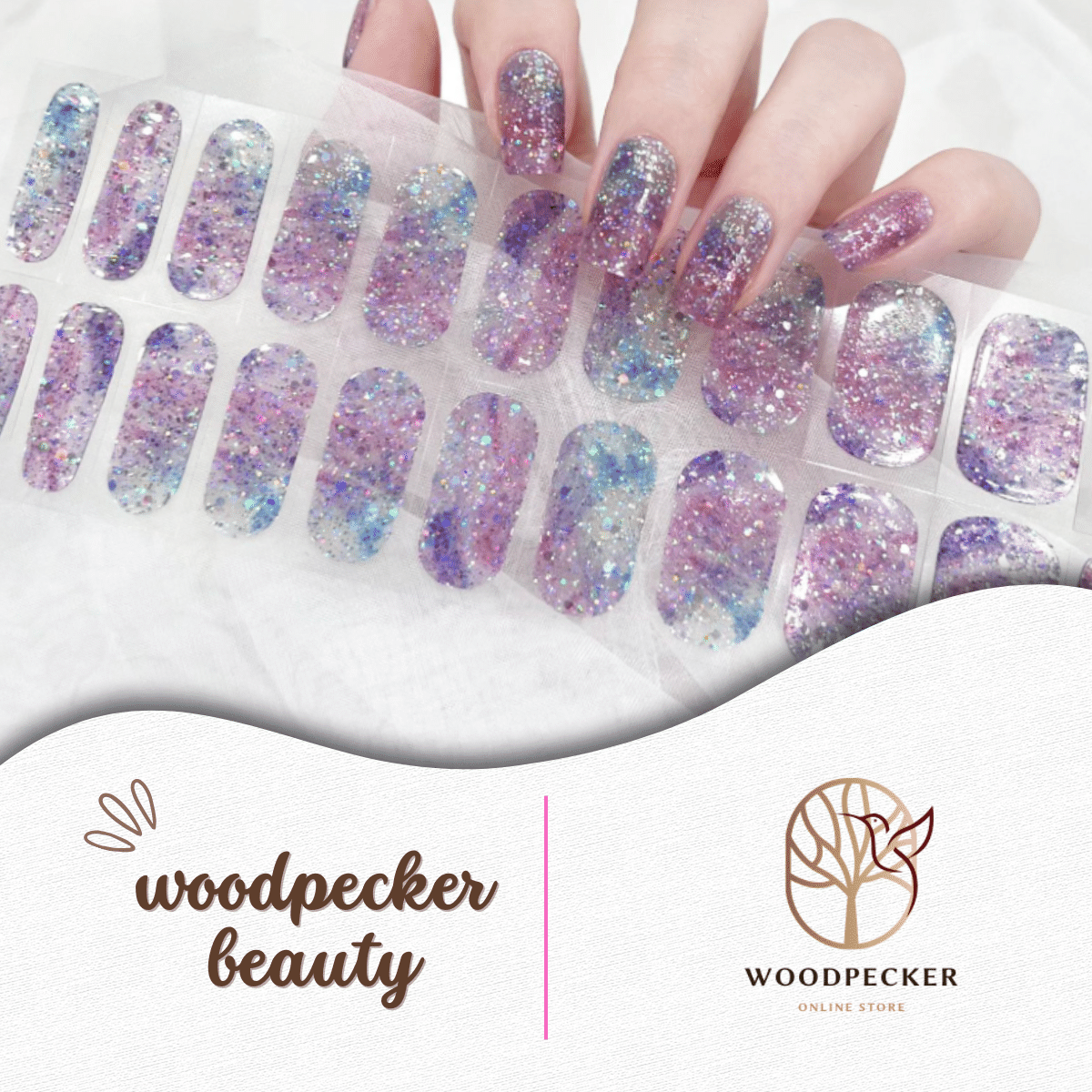 Nail stickers with purple, pink, and blue gradient glitter for a dreamy, galaxy-inspired sparkle effect.
