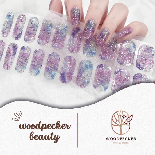 Nail stickers with purple, pink, and blue gradient glitter for a dreamy, galaxy-inspired sparkle effect.
