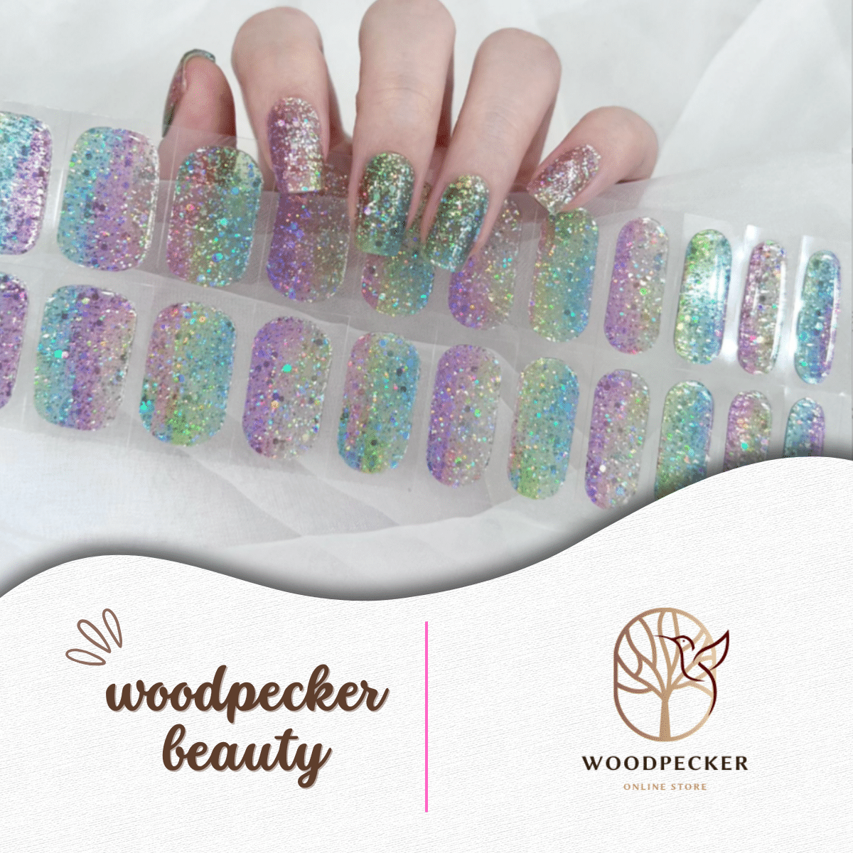 Glitter purple pink gel nail stickers with sparkly gradient finish from Woodpecker Beauty
