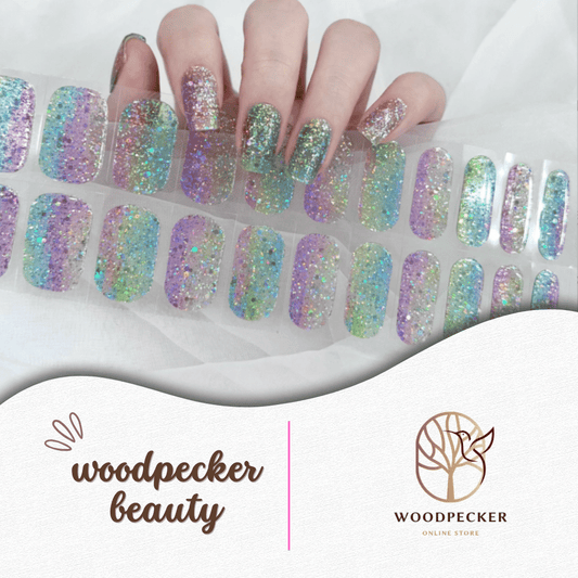 Glitter purple pink gel nail stickers with sparkly gradient finish from Woodpecker Beauty
