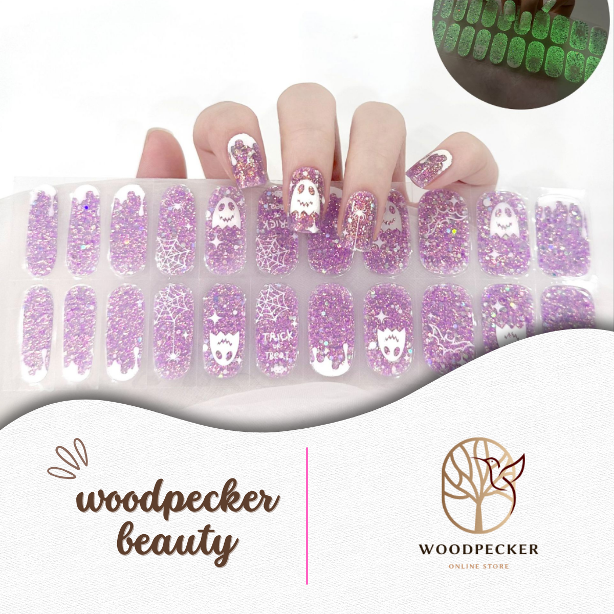 Purple glitter Halloween nail wraps with glow-in-the-dark ghost designs
