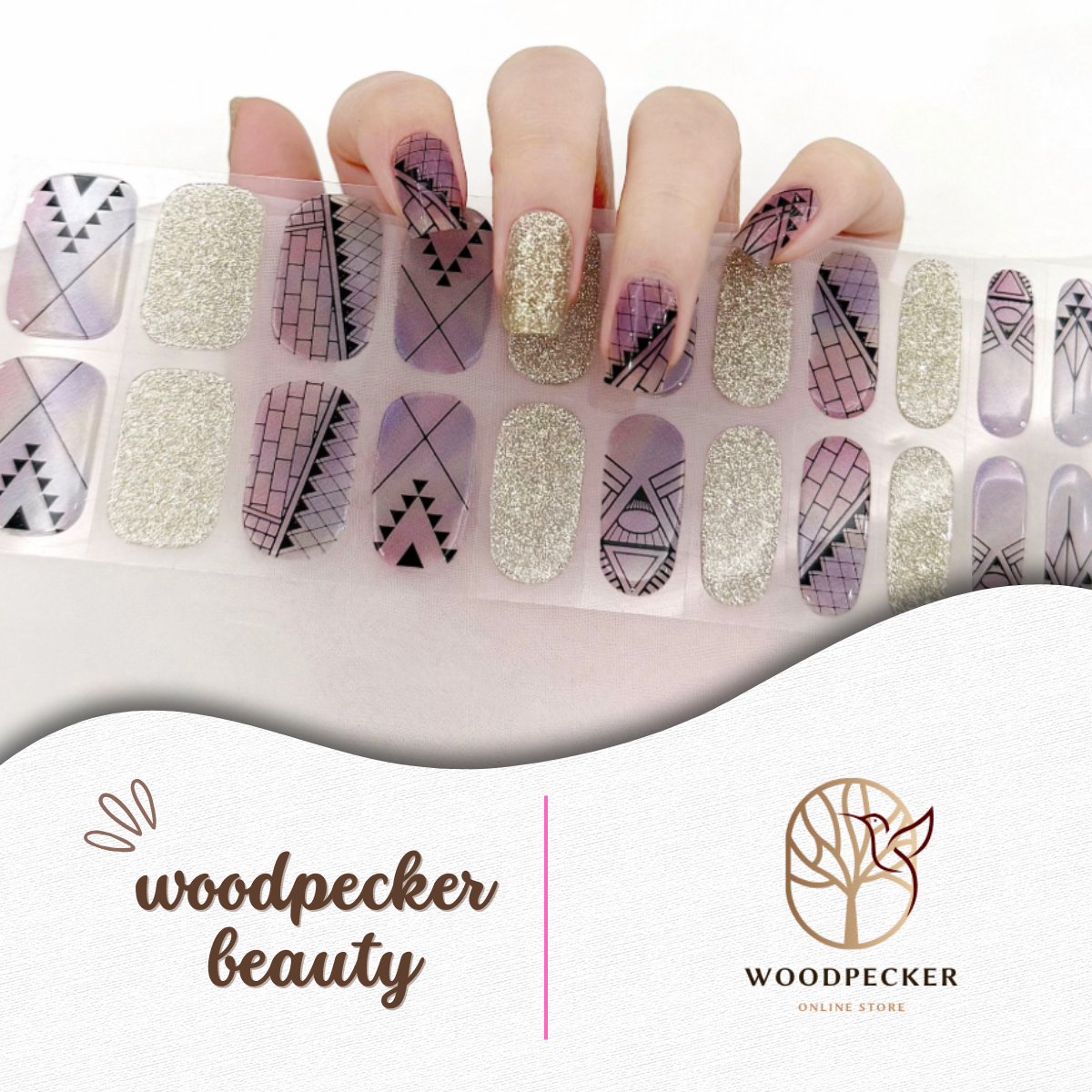 Purple nail stickers with gold glitter and black geometric patterns – bold and stylish nail art by Woodpecker Beauty