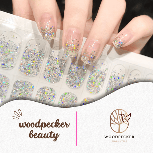 Clear nail stickers with gradient rainbow glitter that fades from base to tip for a sparkling ombré look.

