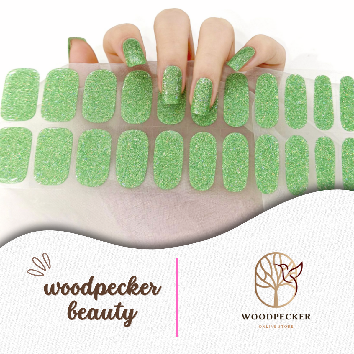 Solid green glitter nail stickers – eye-catching sparkle design for parties and spring by Woodpecker Beauty

