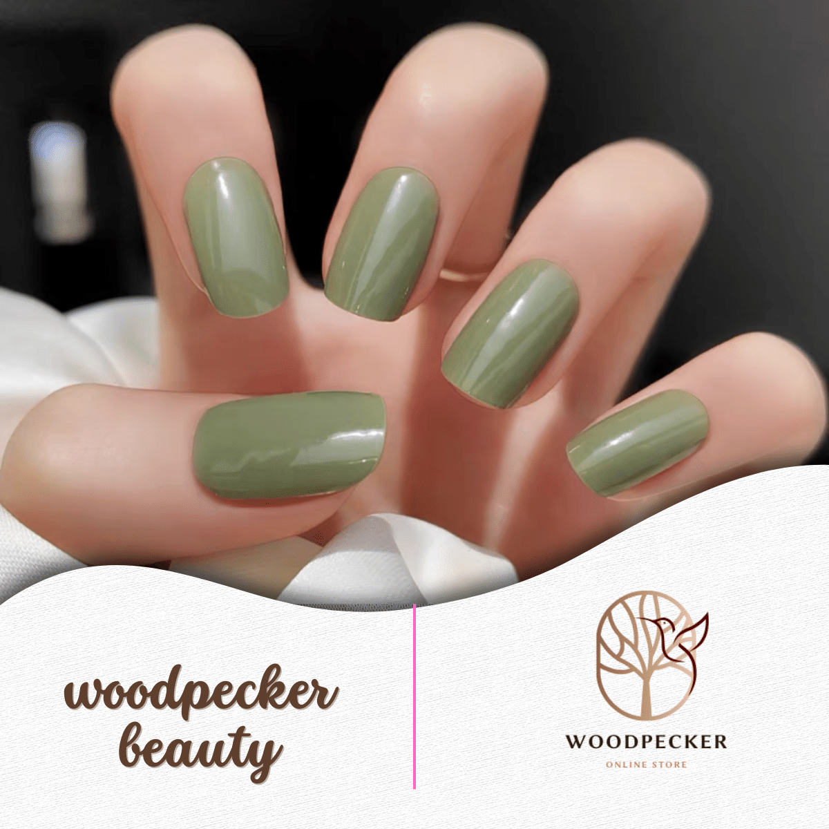 Hand showing matte matcha green nail stickers with soft lighting and natural shine.

