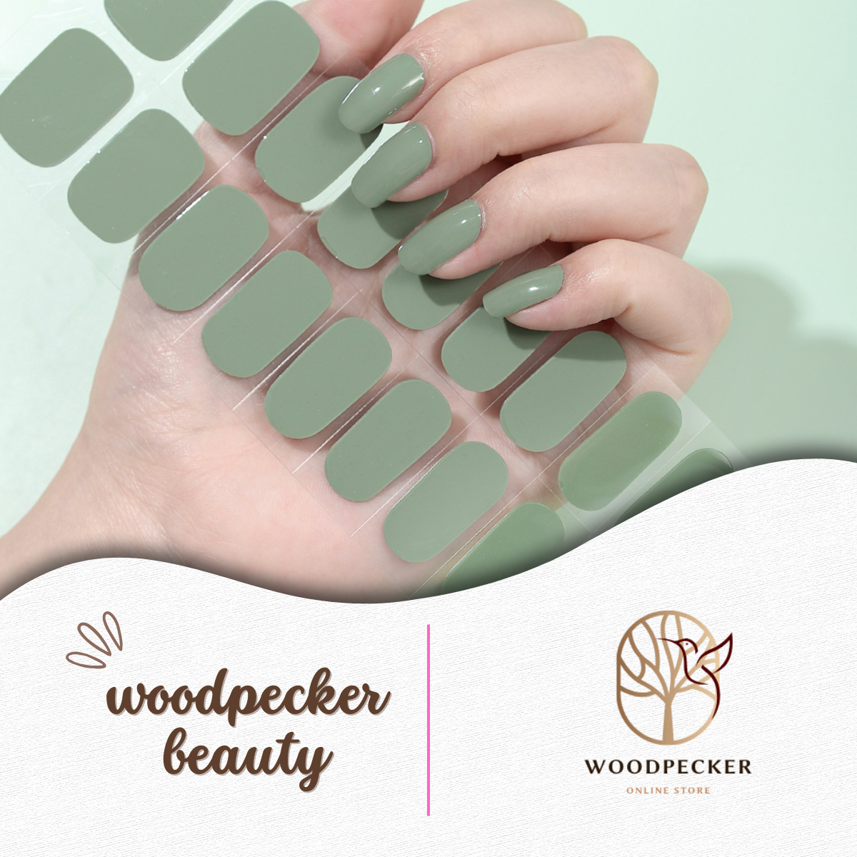 Full sheet of matcha green solid color nail wraps with various sizes on a transparent backing.
