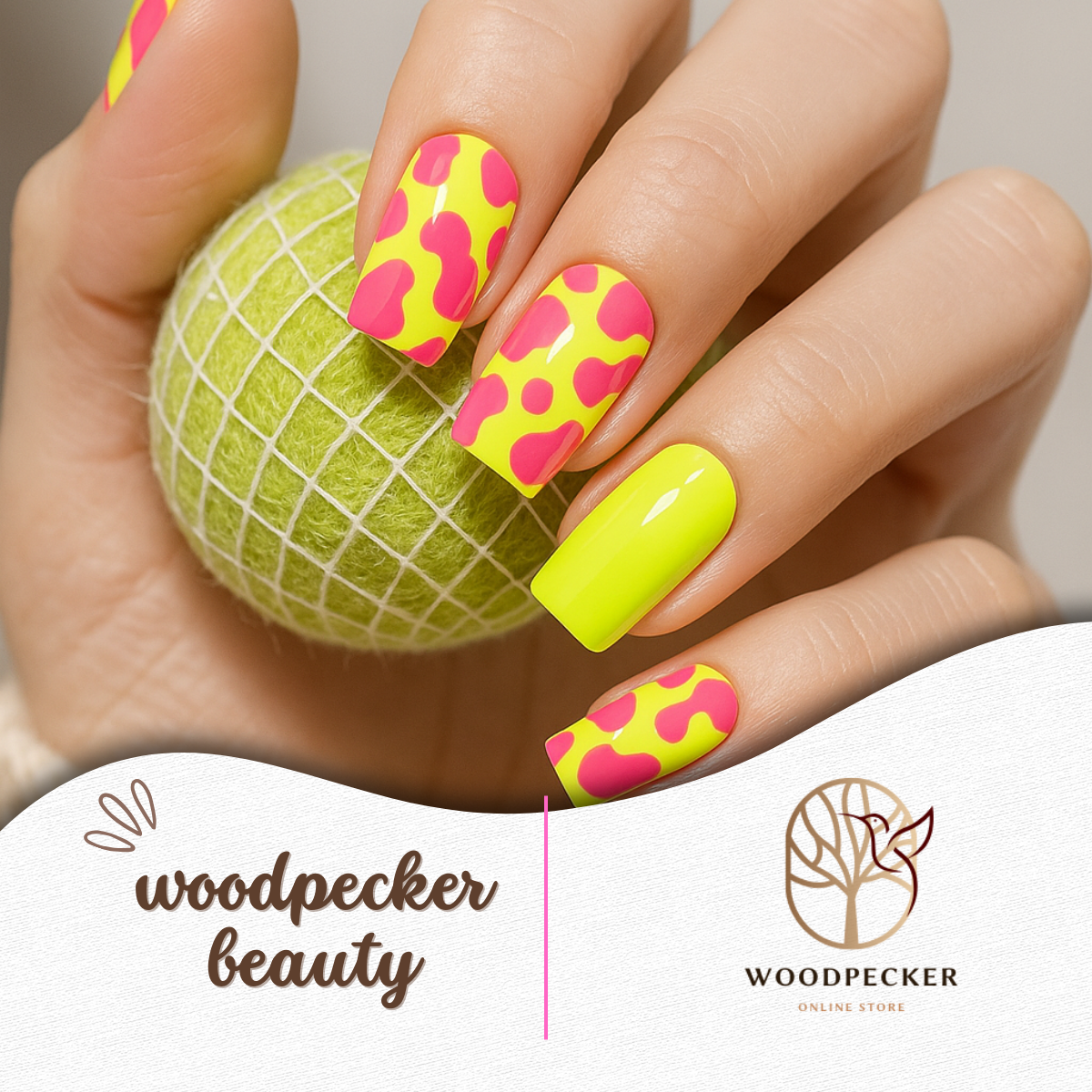 Hand with neon yellow and pink cow print gel nail stickers holding a green tennis ball, showcasing Woodpecker Beauty semi-cured gel nails
