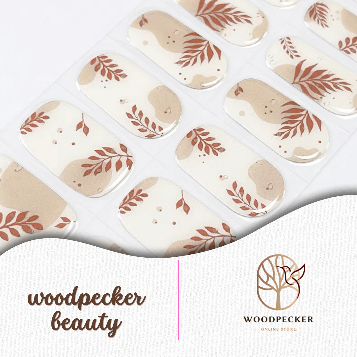Beige and off-white nail stickers with abstract leaf patterns in warm rust tones.
