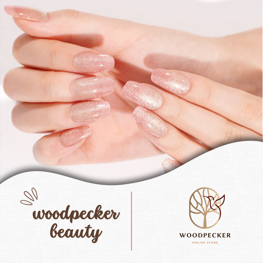 Soft nude pink glitter nail wraps with a subtle shimmer – elegant and perfect for weddings or everyday wear
