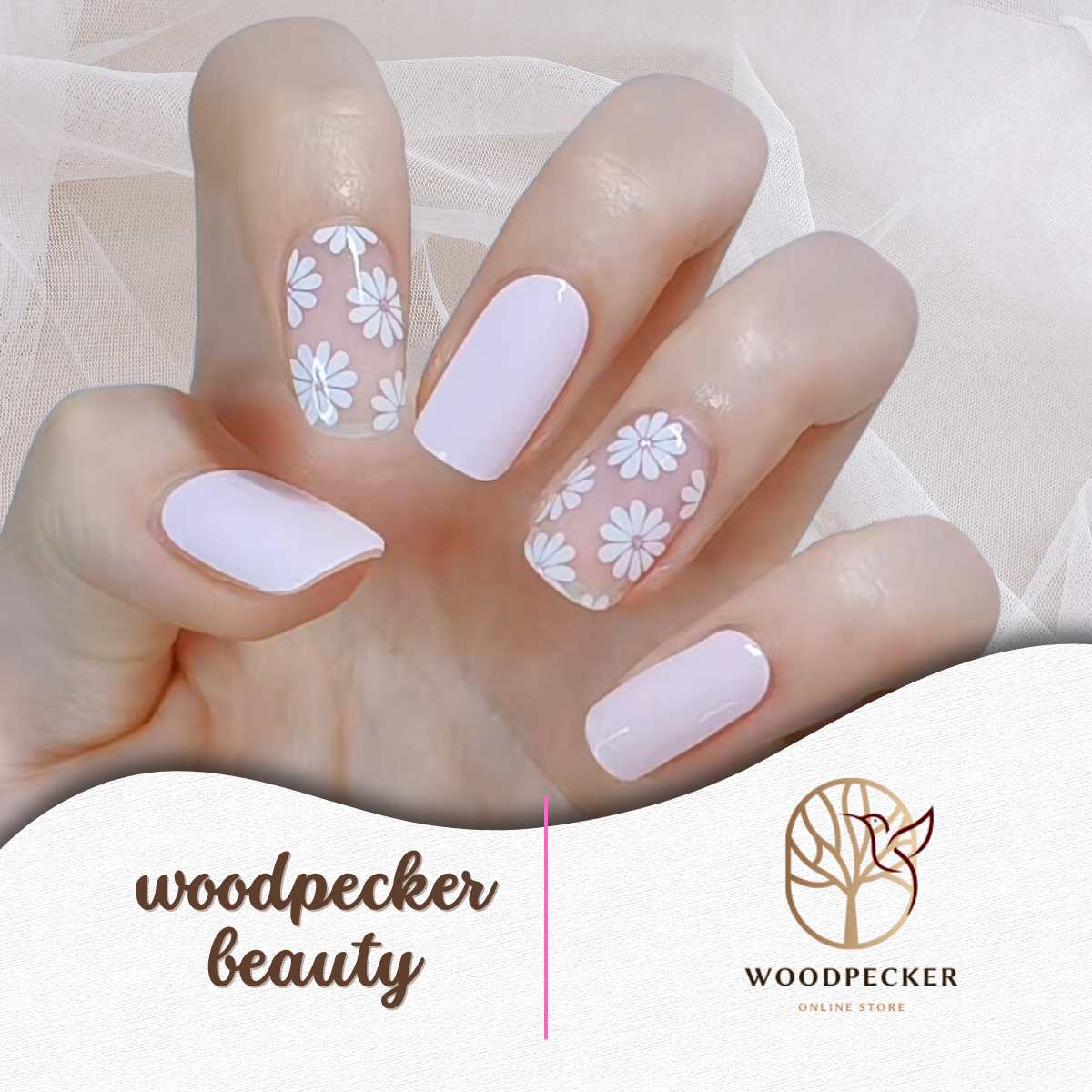 Pastel purple and nude pink nail stickers with white daisy flower designs and glossy finish.

