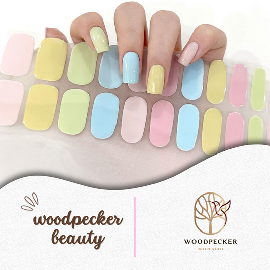 Semi-cured gel nail wraps in pastel candy colors—pink, blue, yellow, green; UV lamp required
