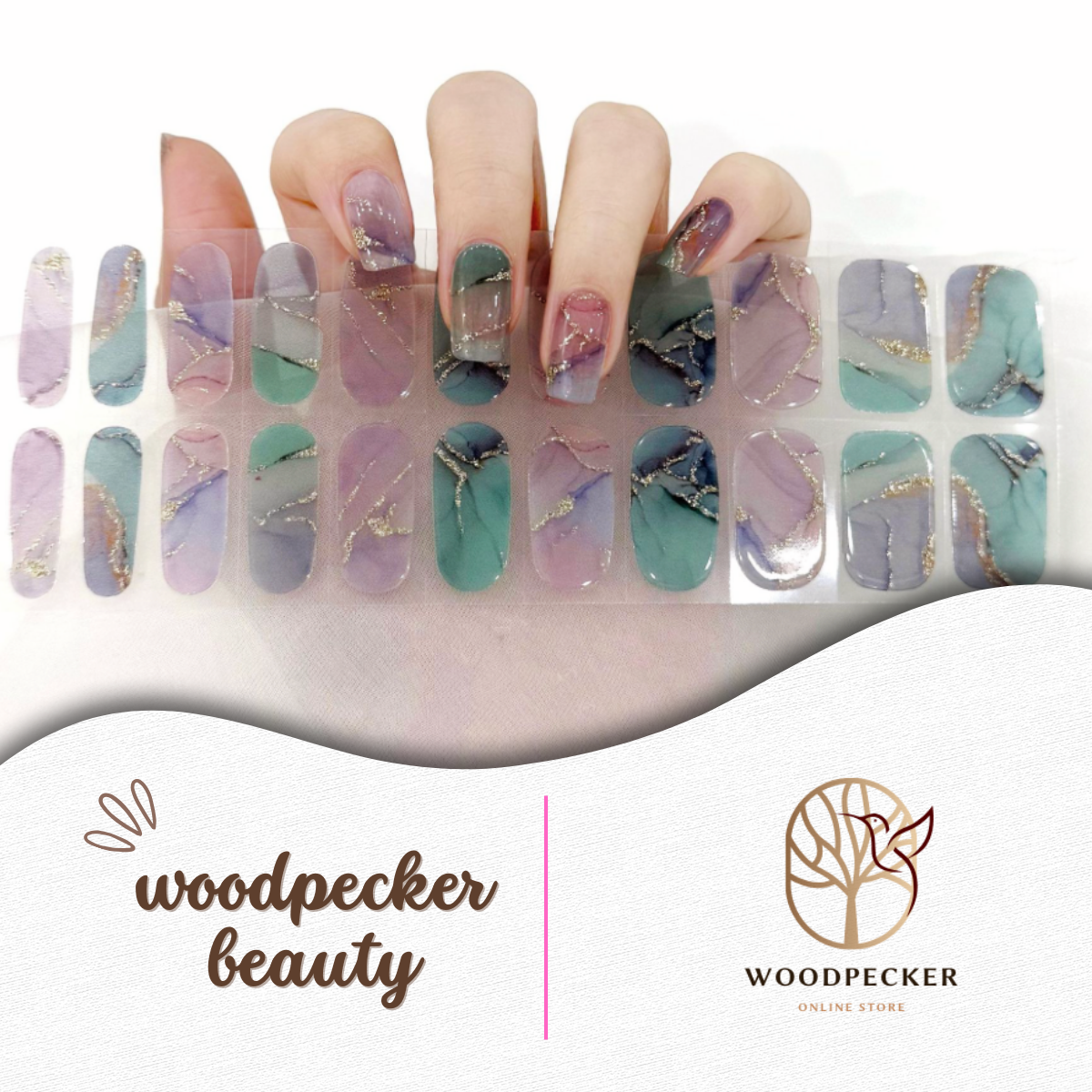 Purple and green marble nail wraps with gold lines by Woodpecker Beauty
