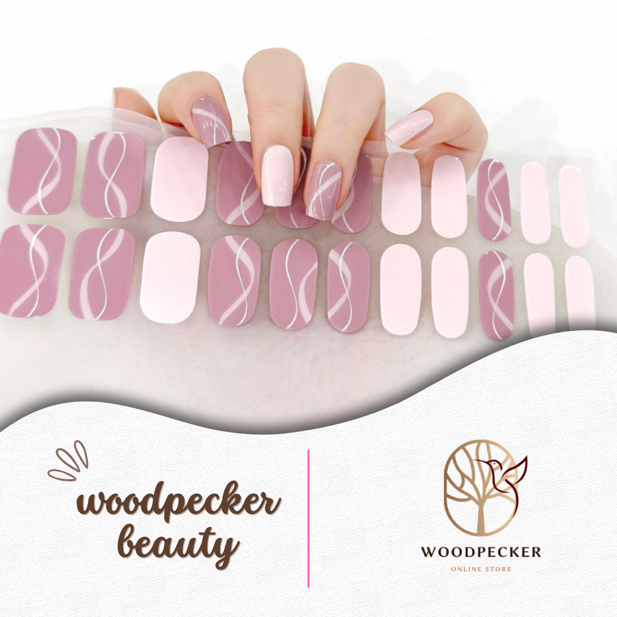 Wavy pink and light pink nail wraps – watercolor-inspired abstract design
