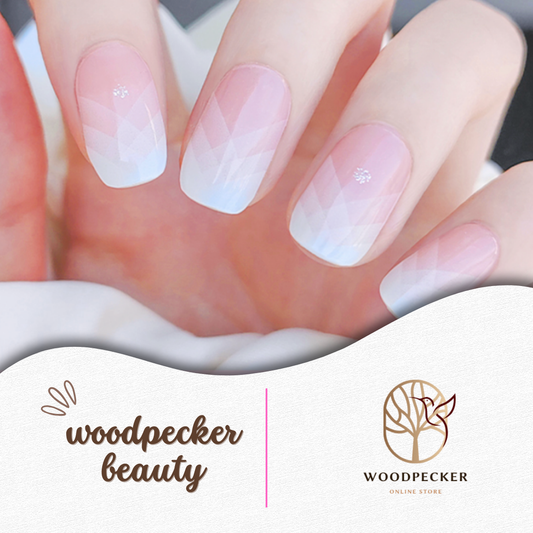 Pink to blue gradient nail stickers with soft argyle pattern – delicate and stylish for spring looks
