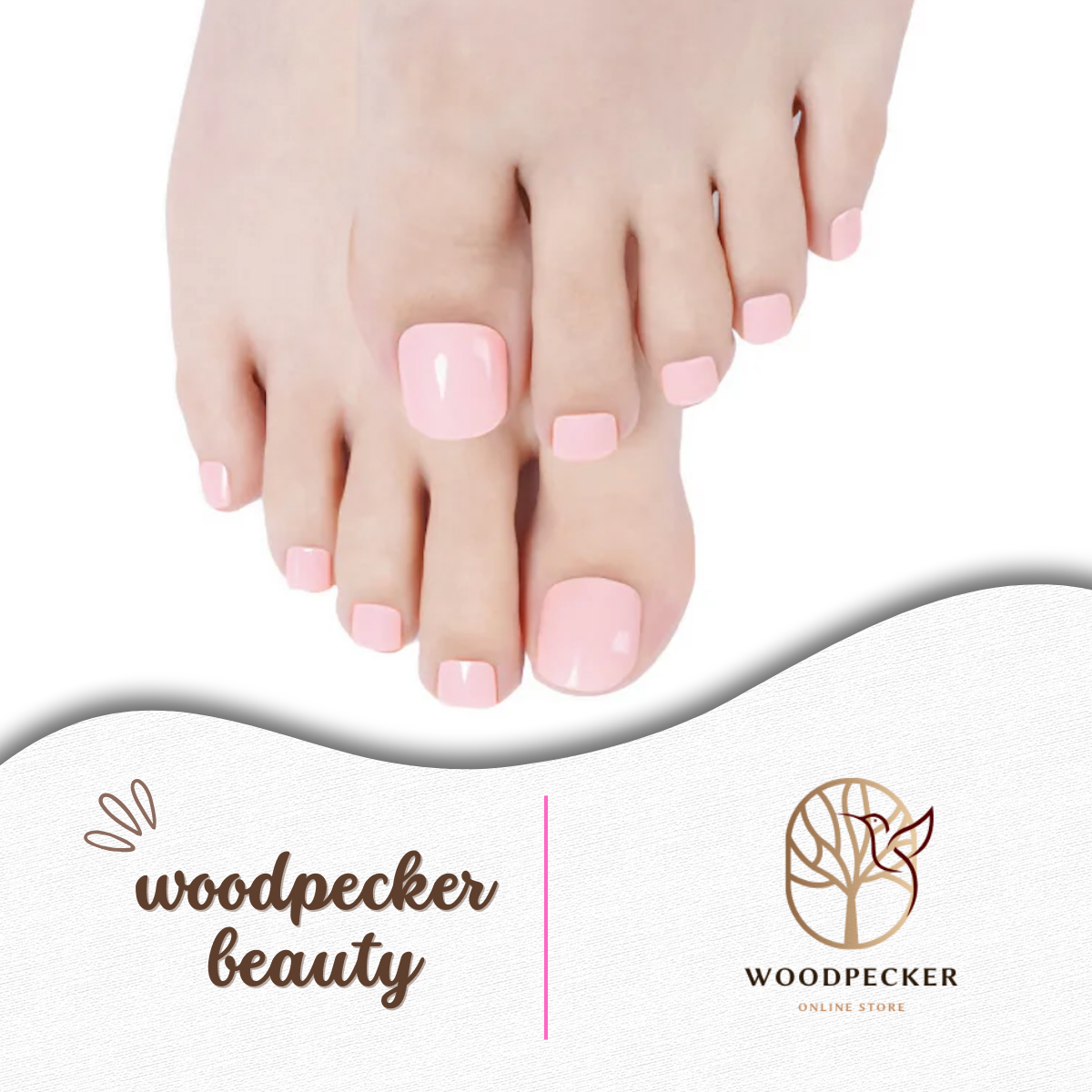 Light pink glossy gel toe nail stickers on feet – minimalist and elegant pedicure style
