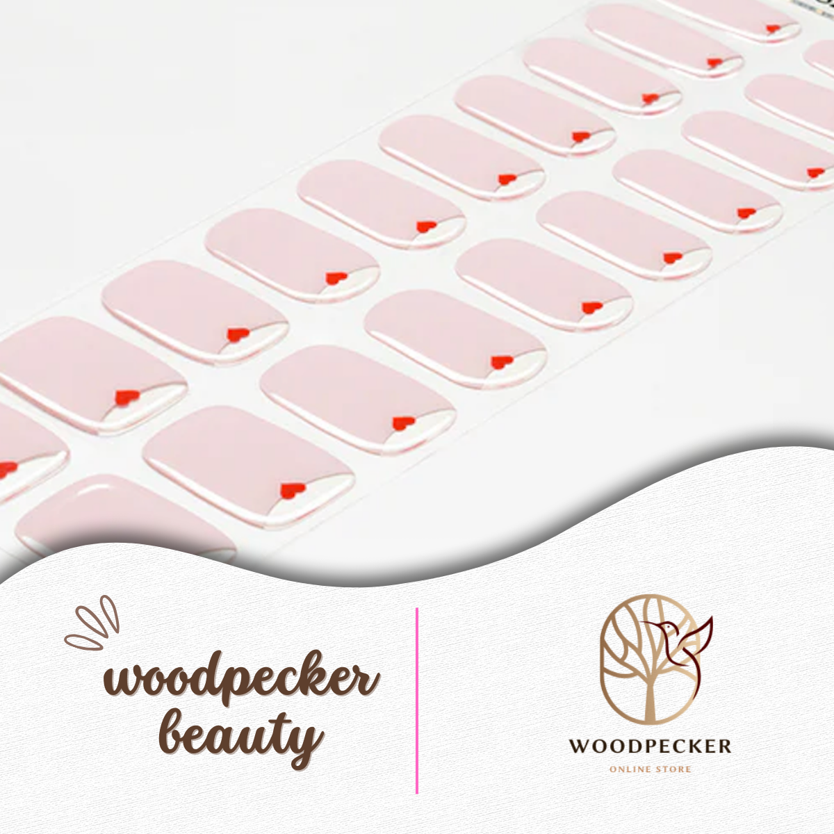 Full sheet of pink gradient nail wraps featuring minimal red hearts
