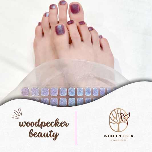 Purple glitter gel toe nail stickers on feet with iridescent finish – Woodpecker Beauty
